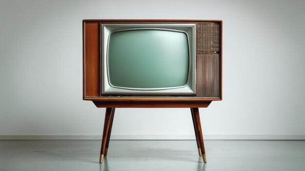 Clásico televisión conjunto en estar mostrando blanco pantalla en contra gris pared en estudio foto