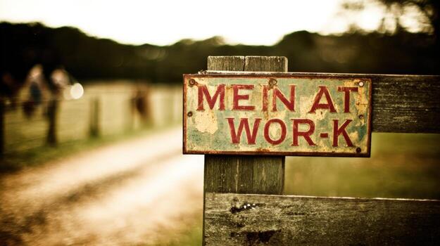 Rustic Sign on Fence Reads Men at Work with Blurred Background photo