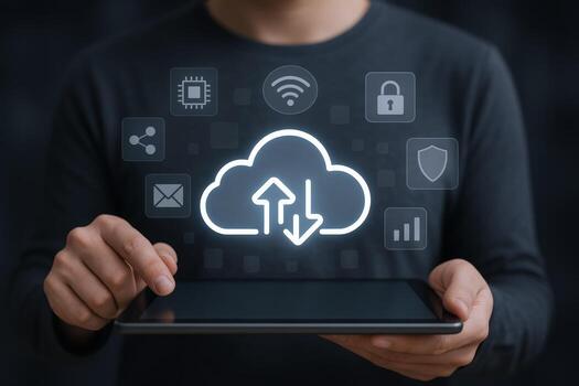 Cloud Computing and Data Storage Man Holding Tablet with Cloud Icon Displayed in Foreground photo