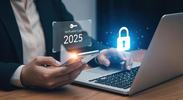 Two-Factor Authentication on Smartphone and Laptop Cybersecurity Verification Code for Secure Online Access photo