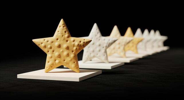 Star Shaped Cookies in a Row with Differing Hues Standing on Squares Against Black Background photo