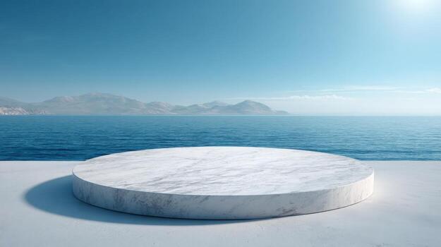 White Marble Podium Against Ocean Backdrop Perfect for Product Showcase and Elegant Presentation photo