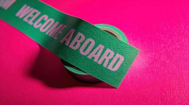 Green Tape Roll with Welcome Aboard Message on Hot Pink Background for Onboarding Concept photo