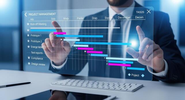 Project Management Timeline Visualization Businessman Analyzing Schedule and Milestones on Transparent Display for Business Strategy photo