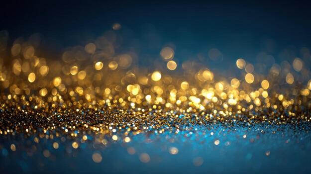 Golden glitter sparkles on a blurred blue surface, creating a magical and festive abstract background photo