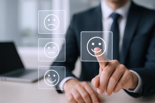 Customer Satisfaction Survey Businessman Selecting Positive Feedback Option on Digital Interface for Rating Service photo