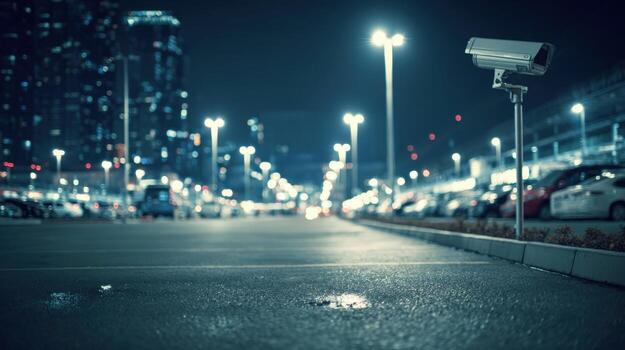 Security Camera Overlooking Parking Lot at Night, Cityscape in the Background for Surveillance and Protection photo