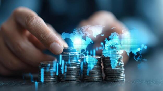 global inversión estrategia mano apilado monedas con mundo mapa cubrir, representando financiero crecimiento y internacional mercados foto
