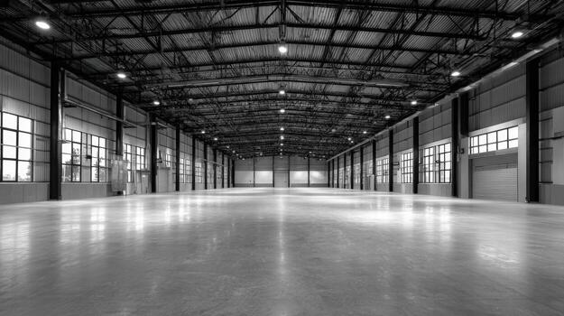 Monochrome Interior of a Vast Empty Warehouse with High Ceilings and Concrete Floors photo