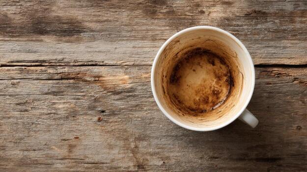 Empty Coffee Cup Remains on Rustic Wooden Surface, Top View, Showing Drink Residue photo