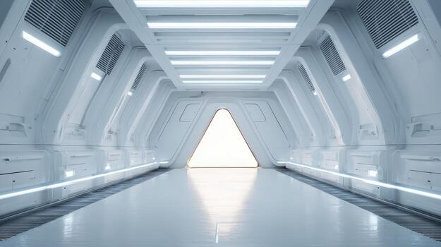 Futuristic White Corridor with Triangular Opening, Illuminated Ceiling Lights, and Clean Architecture for Sci-Fi Concepts photo