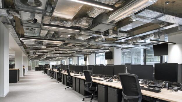 Modern Open Office Interior with Exposed Ceiling and Rows of Desks, Providing a Clean Workspace photo