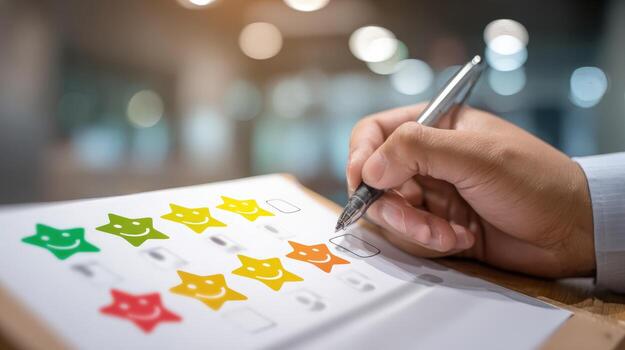 Customer Satisfaction Survey on Clipboard Hand with Pen Marking a Happy Face Rating photo