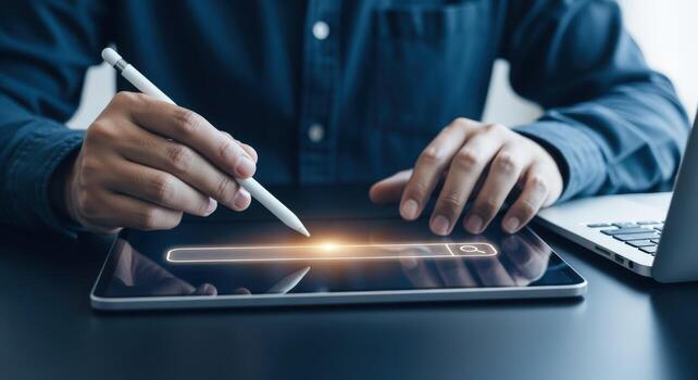 Digital Technology Man Using Tablet with Search Bar for Business, E-commerce, and Online Marketing Concepts photo