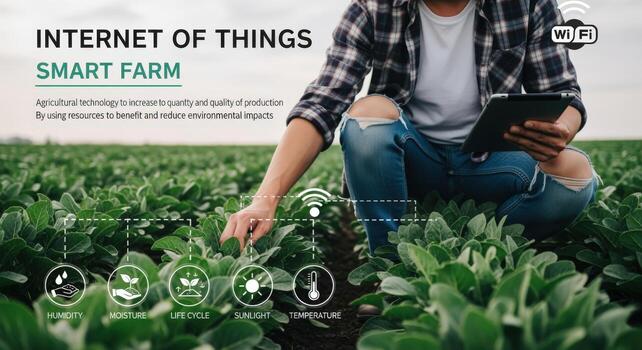 Smart Farm Technology Farmer Using Tablet for Agricultural Monitoring in Green Field with IoT Visualization photo