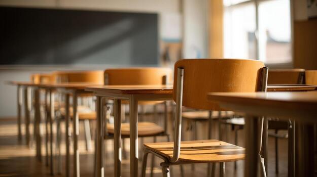 Classroom Interior with Empty Desks and Chairs in Natural Light, Representing Education and Learning Spaces photo