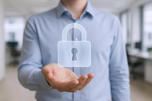 Man Holds Holographic Lock Symbol Secure Data Protection and Digital Safety Concept in Office photo
