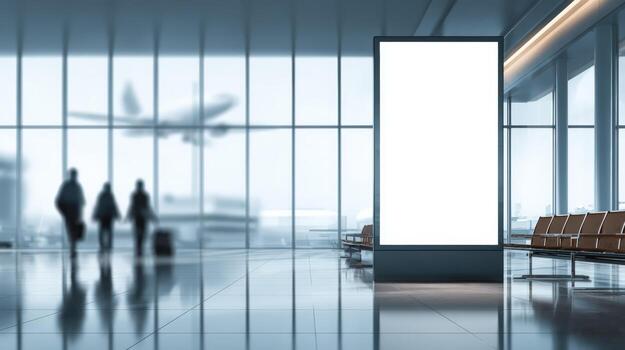 Blank Billboard Mockup in Modern Airport Terminal with Passengers and Airplane in Background photo