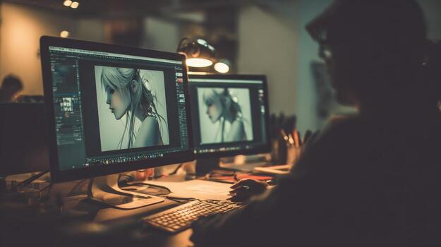 Image Editor Working on Computer Monitors Editing Portrait, Post Production Process in Dark Room photo