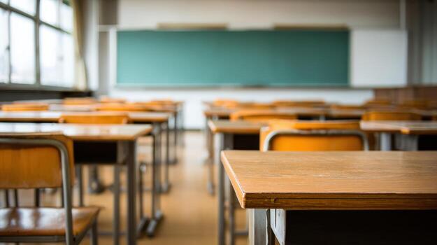 Empty Classroom with Desks and Chalkboard, Representing Education, Learning, and Academic Environment photo
