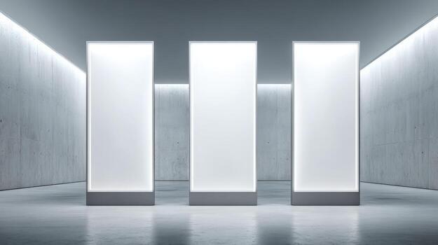 Three Illuminated Blank Signage Boards in a Modern Concrete Hallway for Advertising and Display photo