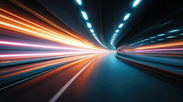 Futuristic Tunnel with Speeding Light Trails Abstract High-Tech Transportation Concept Visualizing Innovation photo