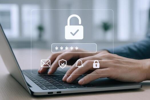 Data protection concept on virtual screen with hands typing on a laptop in blurred office photo