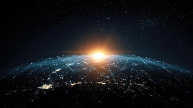 Global Network Connection Digital Planet Earth with Futuristic Communication Technology and Sunrise Over the Horizon photo