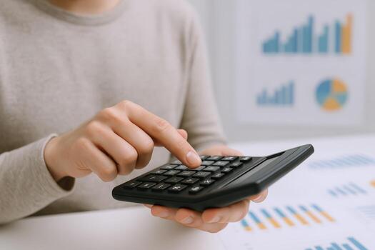 Financial Calculation Person Using Calculator with Charts and Data Analysis for Business Planning photo