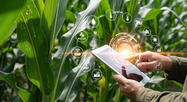 Precision Agriculture Farmer Using Tablet Technology in Cornfield for Smart Farming and Crop Monitoring photo