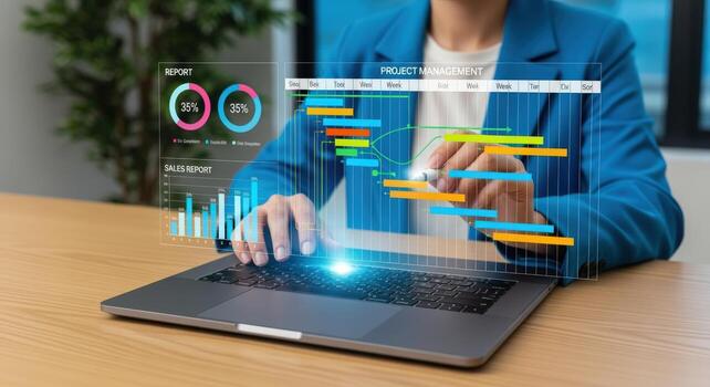 Businesswoman Analyzing Project Timeline on Virtual Screen, Managing Tasks with Digital Interface on Laptop photo