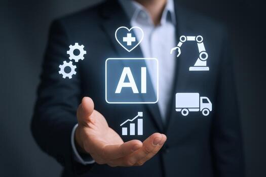 ai integración concepto empresario presentación artificial inteligencia íconos representando cuidado de la salud, fabricación, logística y negocio crecimiento foto