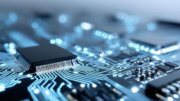 Close-up of a Modern Computer Motherboard Illustrating High Tech Circuitry and Data Flow, Ideal for Technology Concepts photo