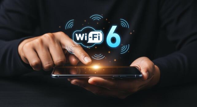 Wifi 6 Technology on Smartphone Person Using Mobile Device with New Wireless Standard for Fast Connectivity photo