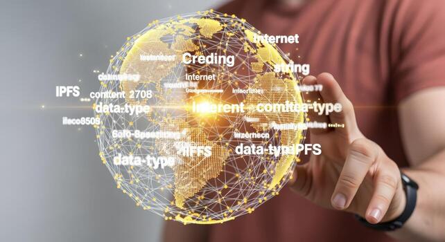 Global Digital Technology Concept Man Interacting with a Holographic Earth Displaying Data and Information photo