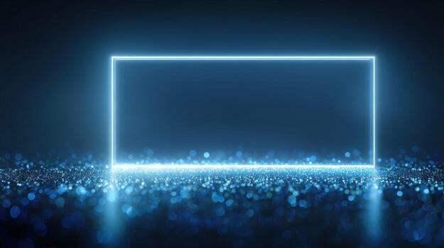 Abstract Glowing Neon Rectangle Frame with Sparkling Bokeh on Dark Background for Technology and Celebration photo