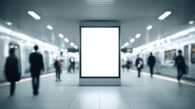 Blank Billboard Mockup in Subway Station, Perfect for Advertising and Marketing Campaigns, with Commuters Passing By photo