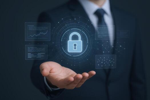 Cybersecurity Professional Protecting Data with Digital Lock Graphic Business Executive Ensuring Information Security and Privacy photo