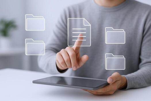 Document Management System Man Interacting with Digital Files on Tablet Interface for Efficient Organization photo