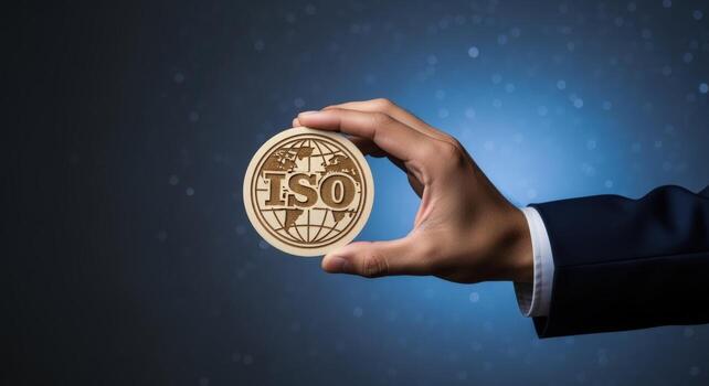Hand Holding ISO Standard Certification Medallion, Symbolizing Quality Assurance and Global Compliance, Demonstrating Excellence photo