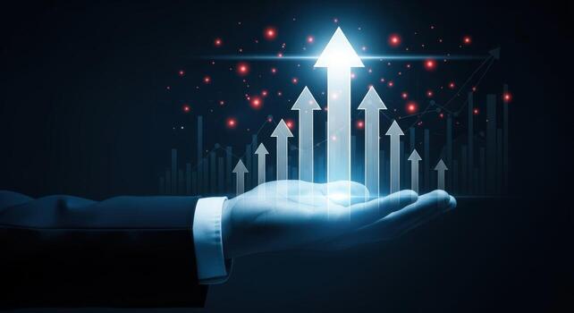 Conceptual Image of Business Growth Hand Holding Arrows Pointing Upwards, Representing Success and Progress photo