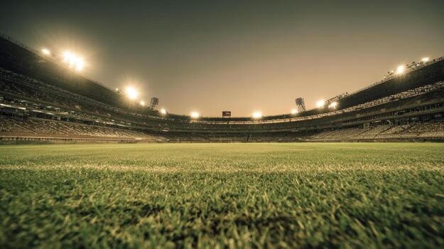 vacío estadio perspectiva a noche con verde césped campo y brillante focos foto