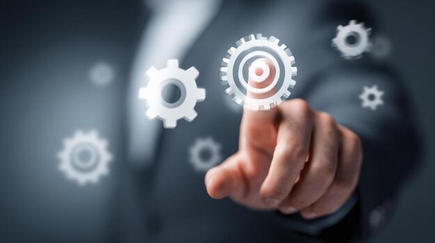 Mans hand selecting digital gears, illustrating automation, process optimization, settings, and technology integration concepts photo