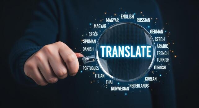 Translation Service Concept Hand Holding Magnifying Glass Over Translate Text Surrounded by Multiple Languages photo