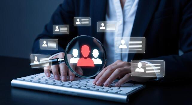 Candidate Selection and Recruitment Process Woman uses keyboard with a Magnifying Glass over Talent Pool photo