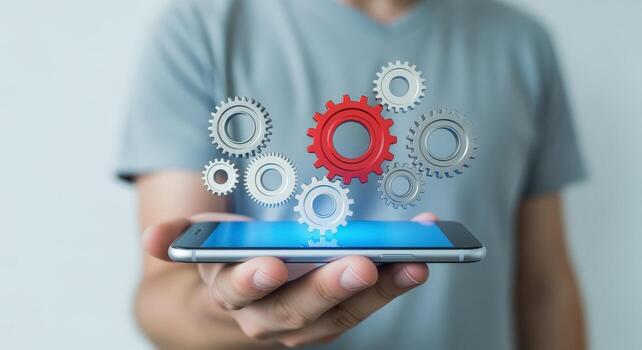 Hand Holding Smartphone with Gears Technology Integration, Innovation, and Connectivity Concept for Business photo