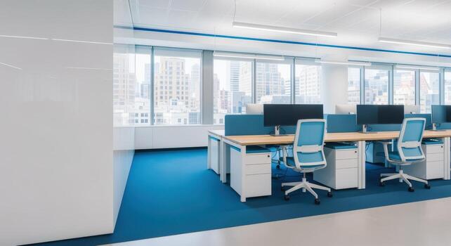 Modern Office Space with Desks, Chairs, and City Views, Ideal for Business and Productivity Concepts photo