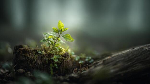 Resilient Sprout Growing from a Tree Stump in a Lush Forest, Symbolizing Hope and New Beginnings photo