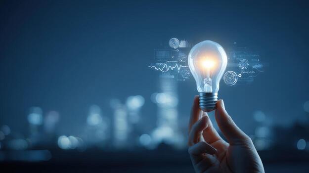 innovador solución mano participación brillante ligero bulbo con paisaje urbano y digital red antecedentes foto