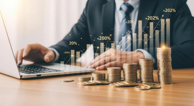 Financial Growth Visualization Businessman Analyzing Investments with Stacked Coins and Rising Graph on Laptop photo